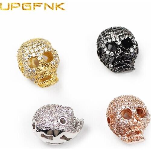 UPGFNK White Zircon Skull Pendant Copper Spacer beads Micro Pave Crystal CZ Metal Loose beads Jewelry making Charm bracelet DIY