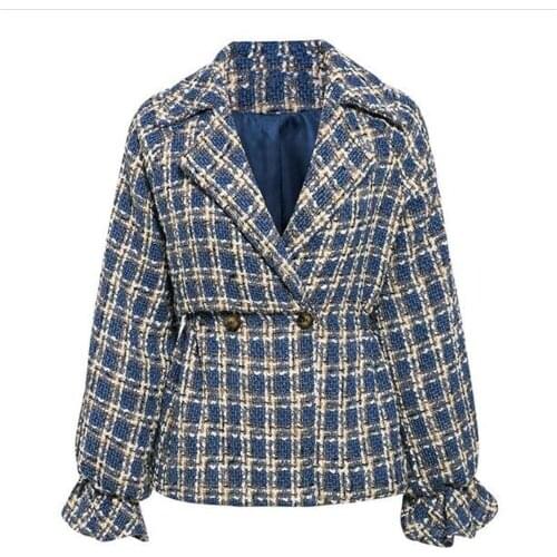 2021 High Quality Korean Version Elegant Temperament Outerwear Women Cotton Lapel Plaid Single Button Casual Loose Thick Jacket