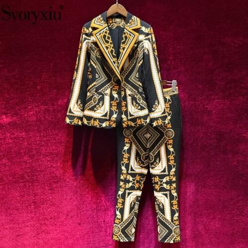 Svoryxiu Runway Designer Autumn Winter Vintage Pants Suits Womens Long Sleeve Gold Totem Print Blazer + Pants 2 Piece Set