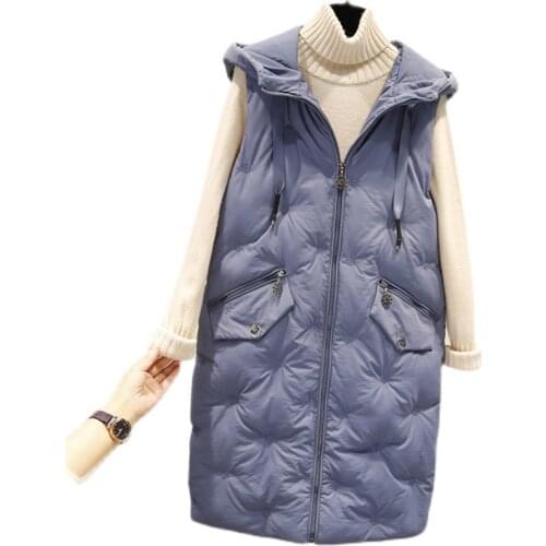 Women Winter Fall Blue Slim Loose Vest Outwear Female Hollow Cotton Beige Tank Mid Length Ladies Sleeveless Jacket Windbreaker
