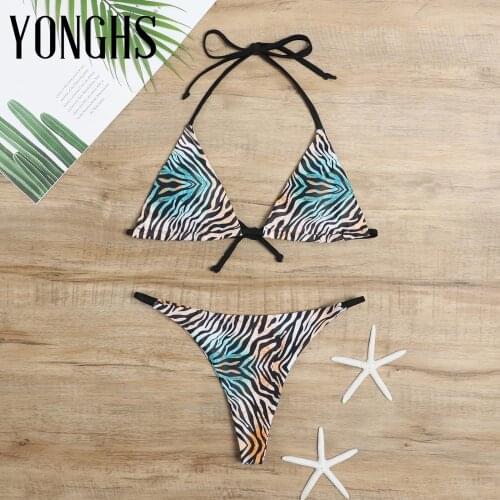 Womens 2Pcs Sexy Swimwear Bikini Suit Zebra-stripe Halter Lace-up Bralette With T-back Thong Brief Underpant Fashion Bathing Set