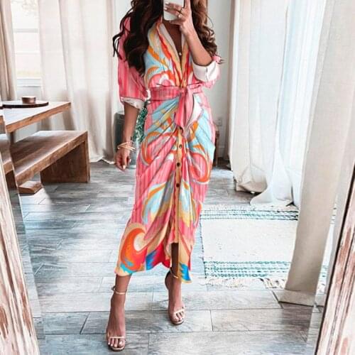 Womens Summer Elegant Button Pleated Bandage Shirt Dress Fashion Casual Short-sleeved Solid Color V-neck Beach Long Skirt