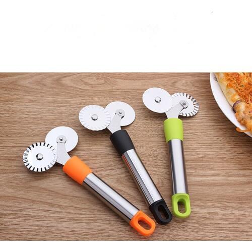 1PC Stainless Steel Double Roller Pizza Knife Cutter Pastry Pasta Dough Crimper Round Hob 4cm Lace Wheel Kitchen Tools KX 264