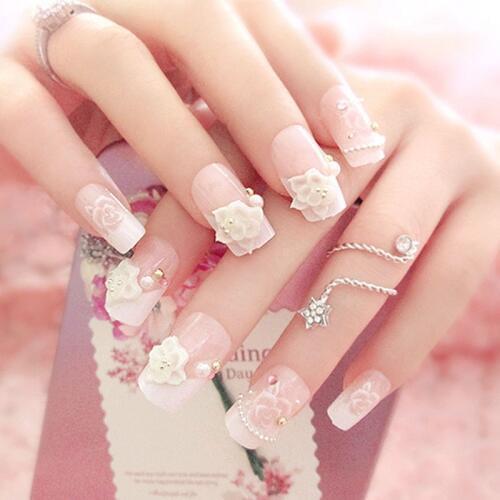 24PCS Full Covered Fake Nail Girls 3D Carved Flowers False Nails Bride Wedding Party Shining Rhinestone Nail Art With Glue