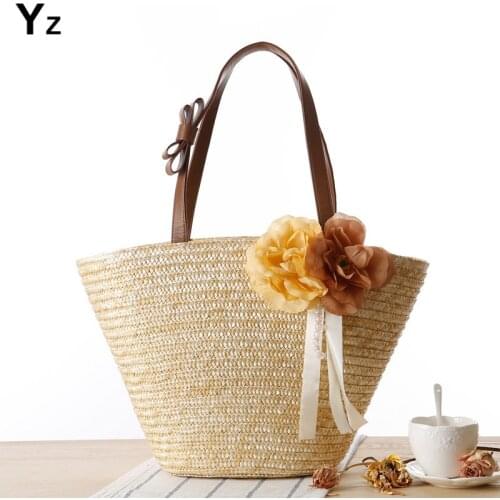 Aaby 2021 New Fashion Women Handbag High Quality And Capacity Straw Beach Bags For Women With Flower Appliques