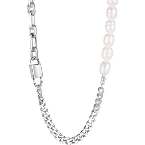 Cyue Punk 316L Stainless Steel Necklace Chain Lock Pendant Artificial Pearl For Women Fashion Jewelry ZYN068 Birthday Gift
