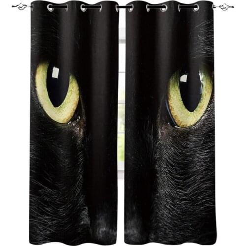 Black Cat With Yellow Eyes Close-Up Room Curtains Large Window Window Curtains Dark Kitchen Fabric Drapes Print Decor Window