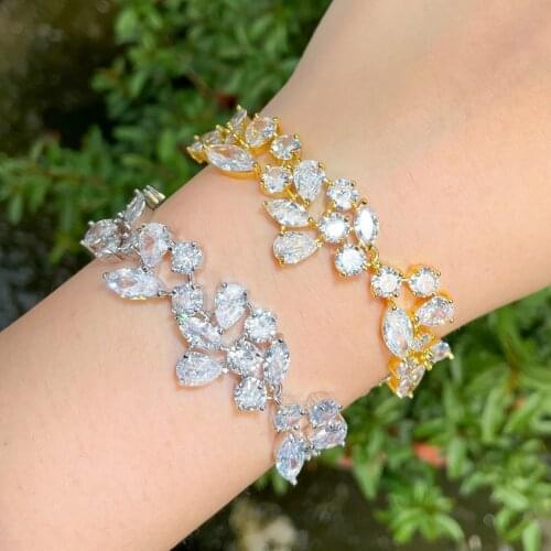 CWWZircons Gorgeous White Cubic Zirconia Setting Wide Big Leaf Bracelets Bangles for Brides Wedding Jewelry Accessories CB266