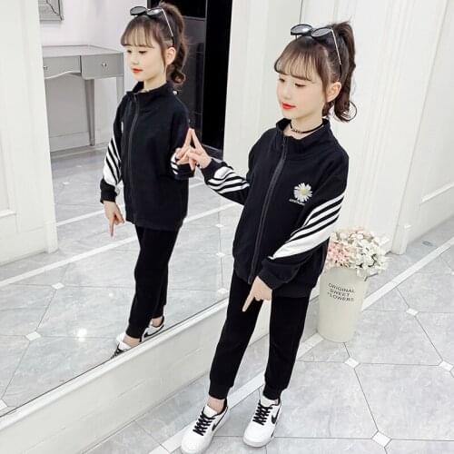 Girls Suits Coat +Pants 2021 Retro Kids Spring Autumn Teenagers Cotton Outfits Children Clothing Sets Jogging Suit