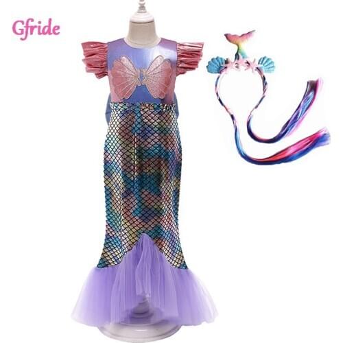 Girls Mermaid Dress Costume Kids Sleeping Beauty Ruffle Sleeve Long Dress With Hair hoop Halloween Holiday Party Dresses Purple