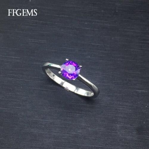 FFGEMS 100% Natural Amethyst Rings Sterling 925 Silver Fine Jewelry For Women Girl Engagement Party Gift Wholesale With Box