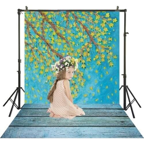 Polyester Photographic Backdrop With Wood Floor Yellow Flowers Petals Falling Oil Painting Kids Portrait Photo Studio Background