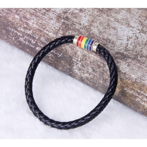 Leather Braided Lovers Pride Rainbow Bracelets Titanium Magnetic Gay Les Jewelry LX9E