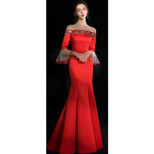 JaneVini Red Satin Beaded Long Bridesmaid Dresses for Weddings Mermaid Boat Neck Poet Sleeve Backless Charming Formal Prom Gowns