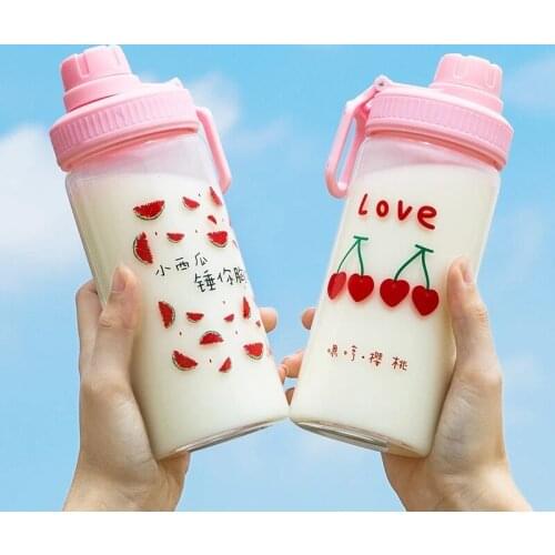 Cute Portable Large-Capacity Straw Glass Graduated Fruit Strawberry Watermelon Cherry Sealed Milk Juice Teacup Water Bottles