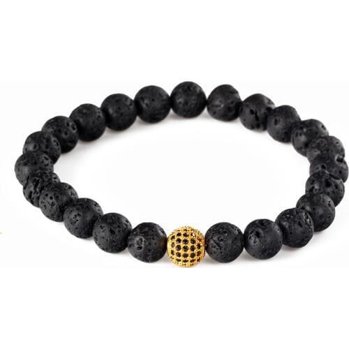 Minimalism Classic 8mm Natural Black Lava Volcanic Rocks Semi Precious Stone Bead With Pave CZ Ball Charms Bracelet Men Jewelry
