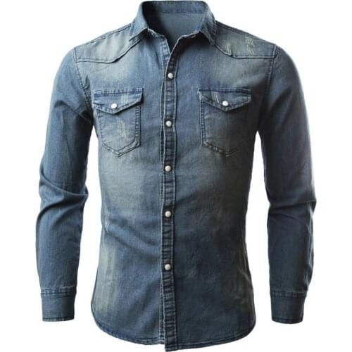ZOGAA Fashion Long Sleeve Slim Lapel Collar Pockets Denim Shirt Casual Men\s Top Blouse Plus Size Mens Soft Lapel Blouse blusas