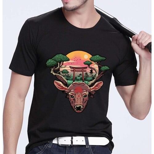 Mens Classic T-shirt Streetwear Black Printed Short Sleeve Top Japanese Pattern Series Fashion O-neck Youth Mens Soft Shirt