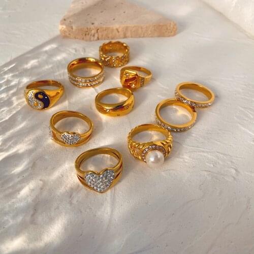 Stainless Steel Shiny Zircon Pearl Heart Shape Yin Yang Rings For Women Stacking Band Jewelry Wedding Party Accessories