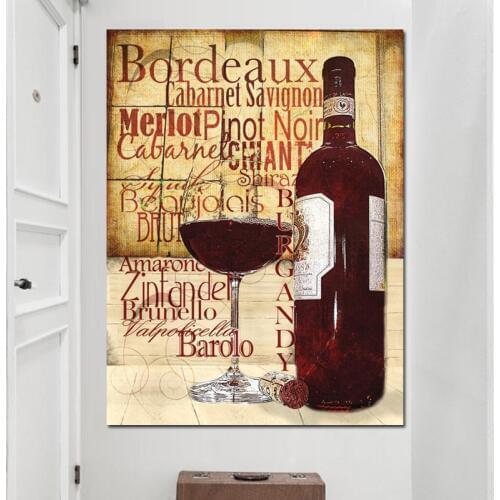 Red Wine Glasses Bottle Quote Poster Print Modern Kitchen Oil Painting on Canvas Wall Art Painting Bar Dinning Room Decoration