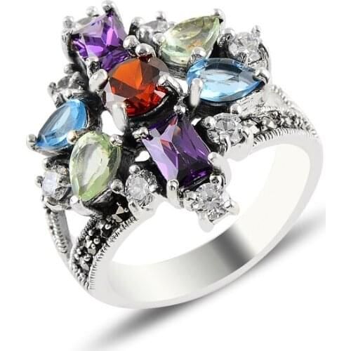 Silver 925 Sterling Mixed Zircon & Marcasite Ring