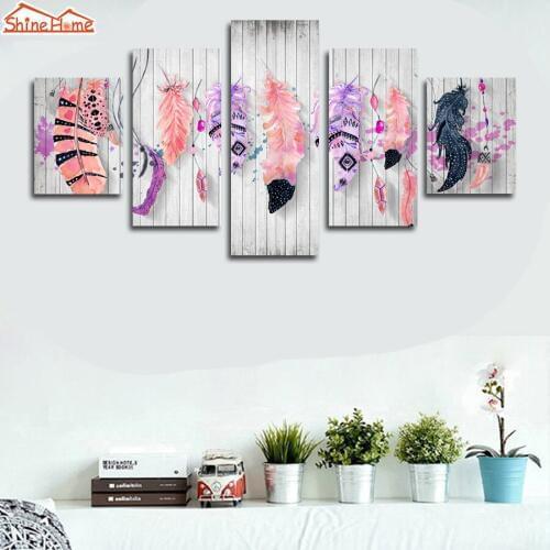 ShineHome-5pcs Picture Oil Printing Painting Prints on Canvas Retro Feather Wall TV Sofa Background Restaurant Walls Decoration