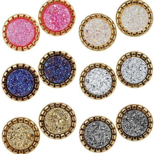 TUMBEELLUWA 1Lot (6 Pairs) Quartz Druzy Crystal Round Stud Earrings for Women Girls