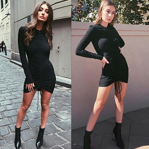 Women Fashion Drawstring Long-Sleeve Round-Collar Dress Womens Sexy Mini Dress Party Dress