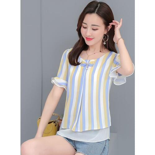 Women Spring Summer Style Chiffon Blouses Shirts Lady Casual Striped Flower O-Neck Multi-layer Blusas Tops DF2648