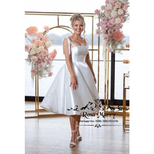 White Satin Short Wedding Dresses for Women 2021 Vestido De Novia A Line Boho Beach Vintage Plus Size Bridal Gowns