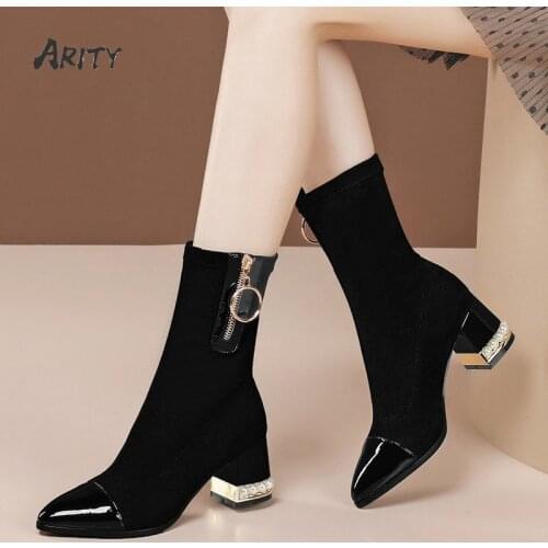 Women Boots Woman Chunky Heel Ankle Shoes Stretch Socks Boots with Pearl Ladies 2021 Pointed Toe Woman Skinny Short Boots