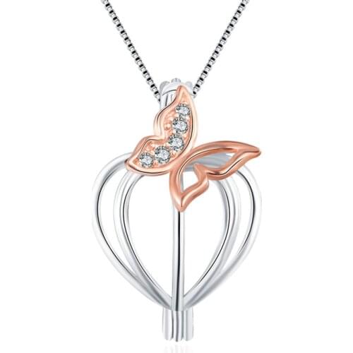 CLUCI Silver 925 Rose Gold Locket for Women Jewelry 925 Sterling Silver Heart Zircon Butterfly Pearl Cage Pendant SC364SB