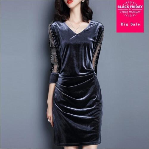 2020 autumn new velvet stitching hollow cut V-neck long waist elegant temperament high waist dress w1645free shipping