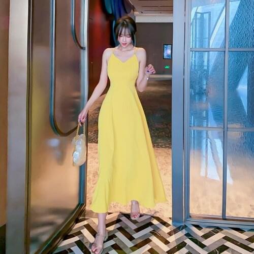 Pure Color Suspender Dress Women 2021 Summer Retro Sexy Backless Sling Sleeveless V Neck Long Midi Dress Woman Dress Vestido