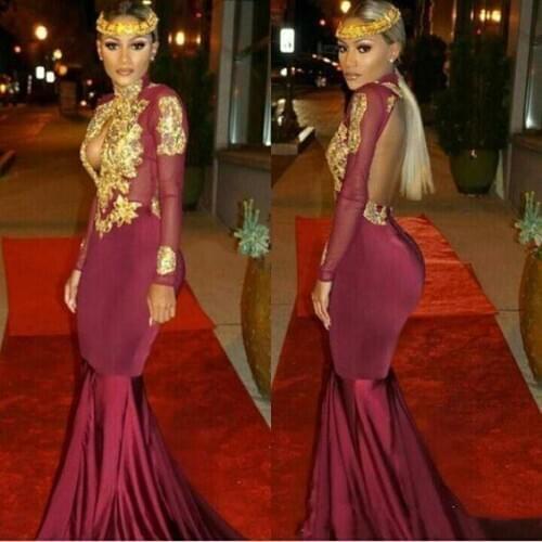 2020 Custom Made South African Gold and Burgundy Prom Dresses Mermaid Sexy High Neck Appliques Ruffles Tiered Evening Dress