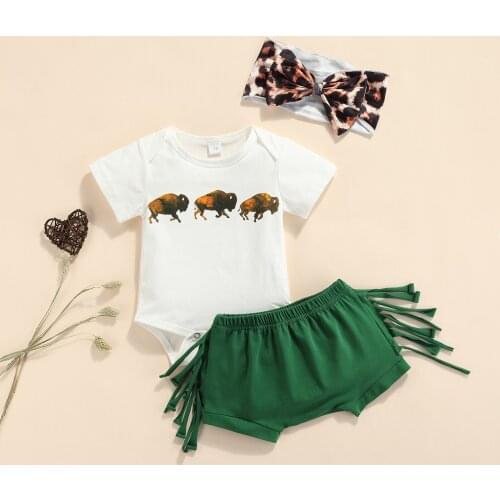 2021 3Pcs Baby Summer Tracksuits, Short Sleeves Romper + Solid Color Tassel Shorts + Headband for Toddler Girls, 0-18 Months