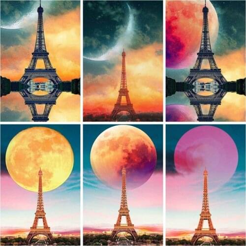 Huacan Diamond Embroidery Eiffel Tower 5D Diamond Painting Moon Landscape Mosaic Cross Stitch Set Rhinestone Pictures Room Decor