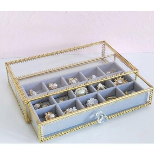 HGHO Velvet Glass Jewelry Box Drawer Storage Organizer Display Tray Showcase for Ring Earrings Necklaces Bracelet