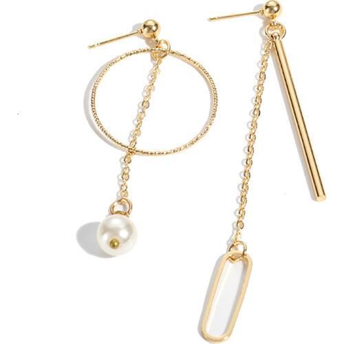 CRLEY 2019 New Korean Fashion Geometric Asymmetrical Earrings Gold Color Pearl Dangle Metal Chain Wedding Statement Jewelry