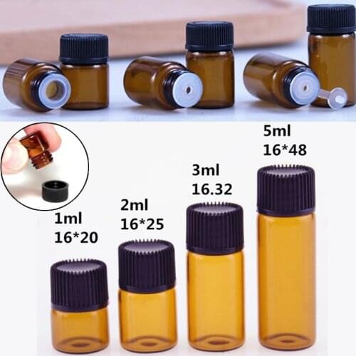 5Pcs 1/2/3/5Ml Glass Bottles Amber Small Essential Oil Bottles Brown Samples Portable Trial Vials Travel Refillable Containers