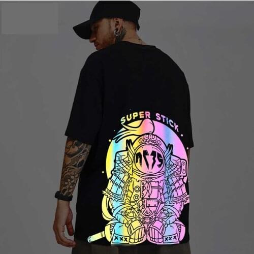 Reflective Rainbow T Shirts Super Stick Print Men Tops Tees Hip Hop Streetwear Cotton Casual Oversize Homme Clothes Half Sleeve