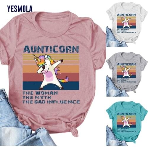 YESMOLA Women‘s Shirts Aunticorn Print T-shirt Color Unicorn Graphic Short Sleeve Tee Round Neck Plus Size Tops Kawaii 90s