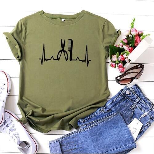 Hairstylist Heartbeat Graphic Summer T Shirts Women Cotton Casual Funny Tshirt Women Top Loose Tee Shirt Femme Black White