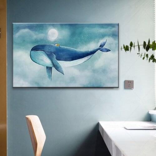 Lovely Blue Whale Canvas Painting Modern Cartoon Seascape Poster And Prints Home Decoration Wall Picture For Children
