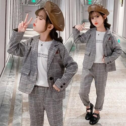 Girls Suit Set Plaid Jacket + Pants Clothing For Girls Spring Autumn Clothes For Girls Casual Style Childrens Costume 6 8 10 12