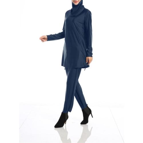 3 Piece Set Muslim Swimwear Women Solid Long Sleeve Top,hat and Pant Swimsuit Khimar Dubai Turkey Islamic Clothing Burkini Mujer