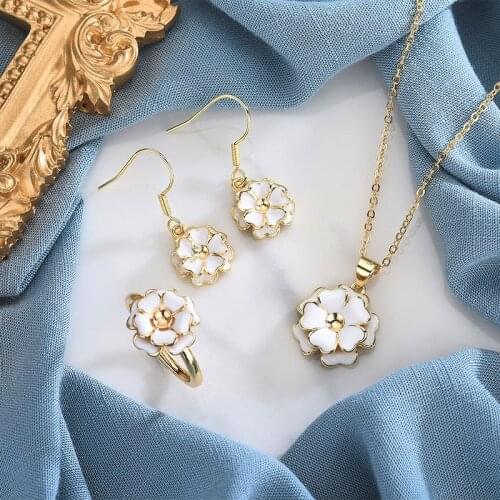 Luxury Female White Enamel Jewelry Set Charm Gold Color Dangle Earrings For Women Dainty Rose Flower Wedding Chain Necklace Ring