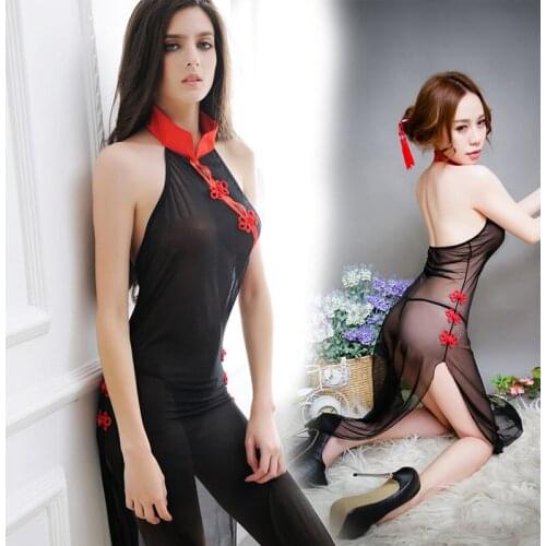 Sexy Costumes SET Sexy Lingerie Women Hot Cosplay Maid Clothes Sex Costumes Underwear Long Cheongsam Skirt Perspective Intimates