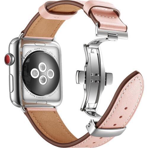 Leather Band for Apple Watch Series 5 4 44mm 40mm Silver Butterfly clasp Wrist Bracelet Strap for iWatch 3/2 42mm 38mm watchband