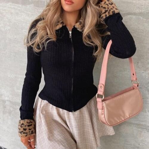 Leopard Furry Zipper Jacket Sexy Bodycon Fashion Winter Knitted Jackets 2021 Turn Down Collar Long Sleeve Elegant Women Jacket